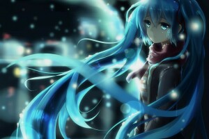 anime, artă, fată, Hatsune Miku, Kuroi, eșarfă, zăpadă, VOCALOID