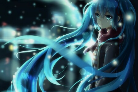 animê, arte, menina, Hatsune Miku, kuroi, cachecol, neve, vocaloid