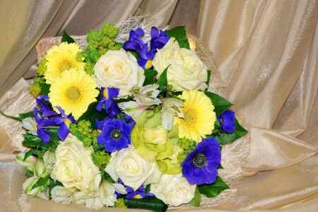 bouquet, fleurs, Gerbera, Iris, photo, des roses