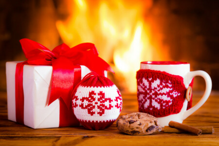 Christmas, Cup, decoration, fire, fireplace, New Year, Xmas