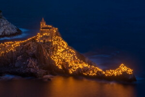 Kyrka, Poeterbukten, Italien, lampor, Ligurien, Portovenere, sten