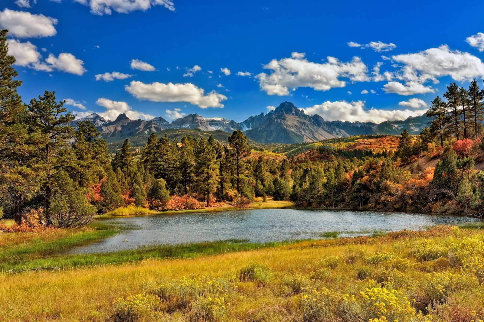 otoño, césped, lago, arboles, nubes, montañas, Soleado