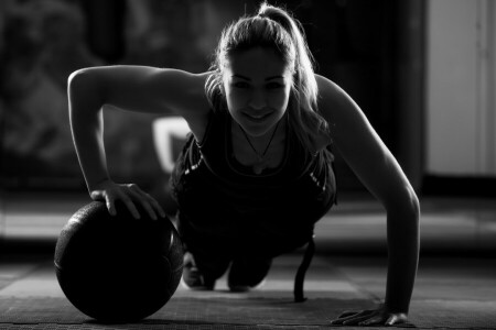 entrenamiento de pelota, crossfit, oscuridad, Mujer, rutina de ejercicio