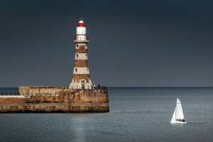 Beacon Rocker, Inglaterra, Faro, Mar del Norte, Faro Roker, mar, Sunderland, yate