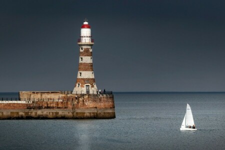 Beacon Rocker, England, Lighthouse, North sea, Roker Lighthouse, sea, Sunderland, yacht