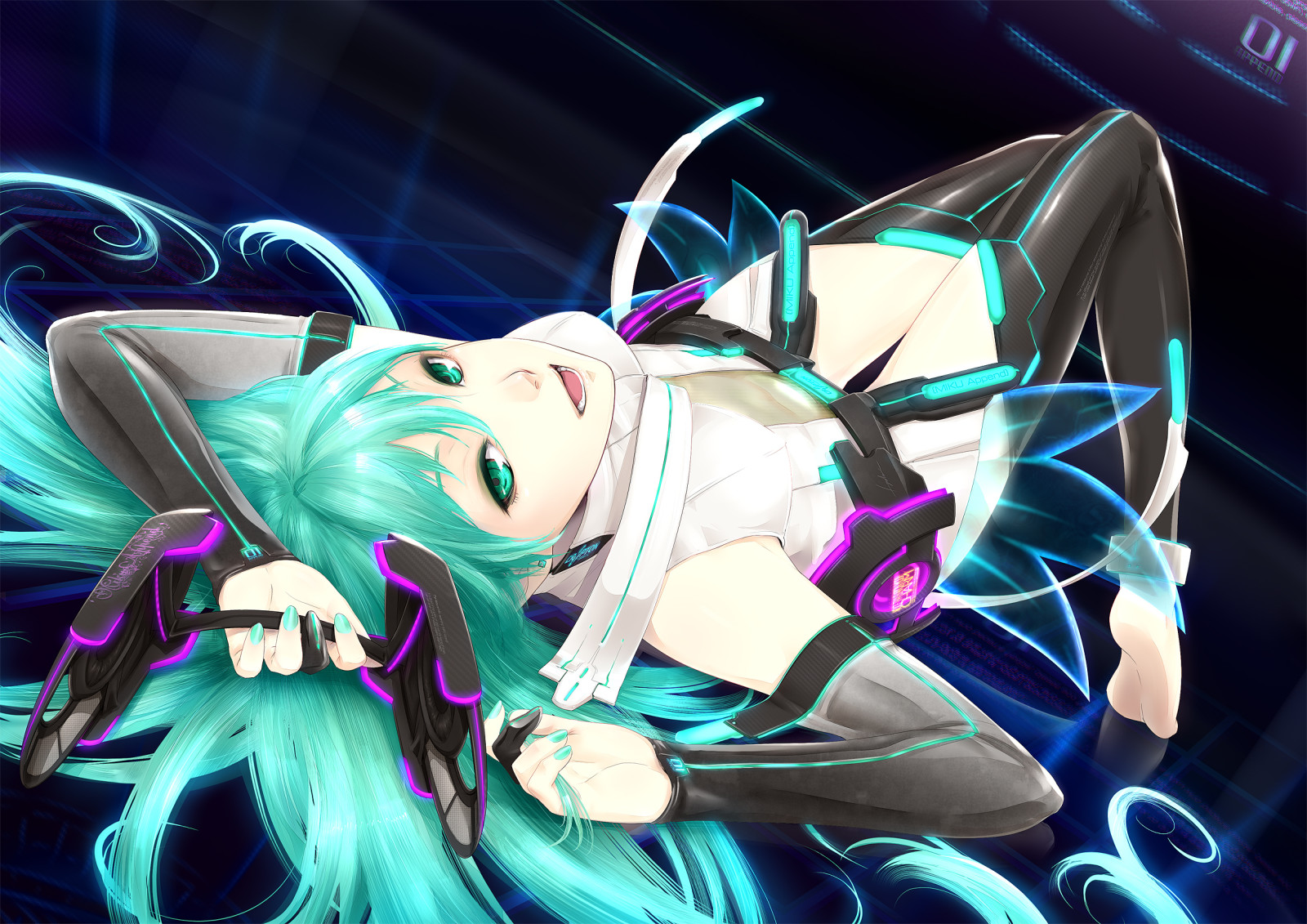 lány, Művészet, fejhallgató, Vocaloid, hatsune miku, fekvő, miku append, yuranpo