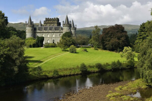 castle, river, the sky, tower, trees