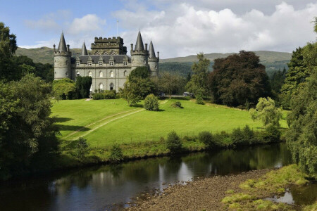 castle, river, the sky, tower, trees