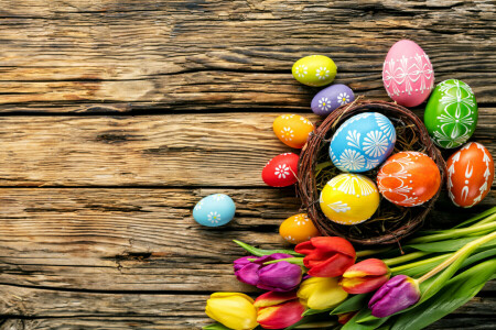 vistoso, Pascua de Resurrección, huevos, flores, contento, fiesta, primavera, tulipanes