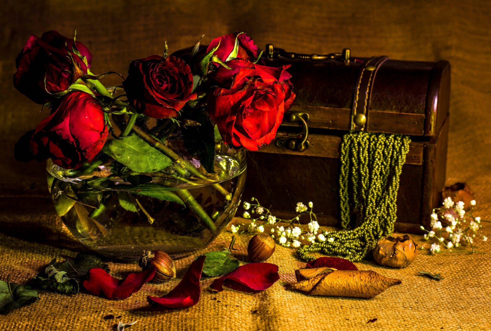 Still life, roses, flowers, petals, vase, chest, beads