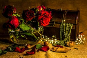 beads, chest, flowers, petals, roses, Still life, vase