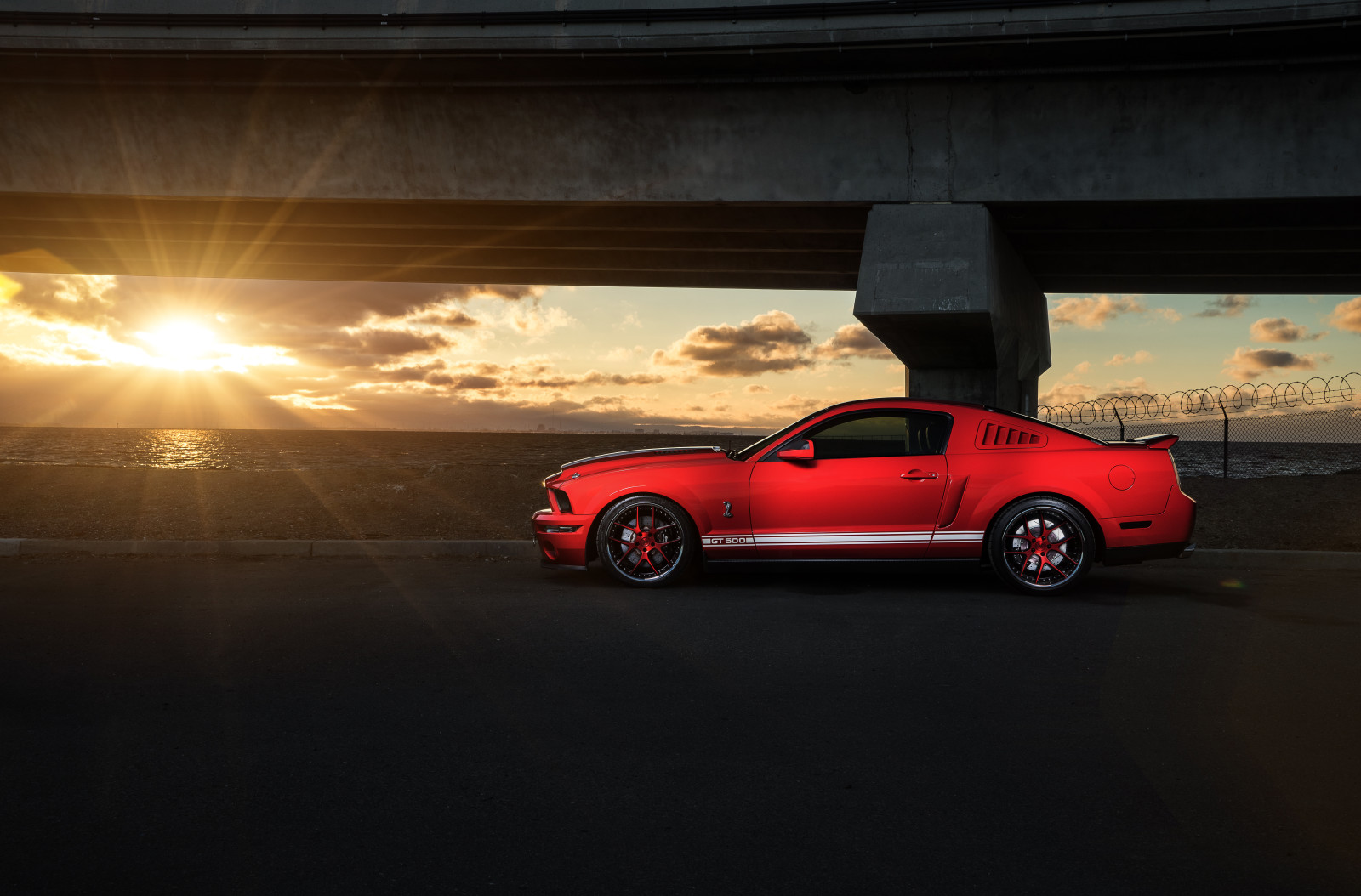 sunset, red, car, Mustang, Ford, muscle, side, Shelby