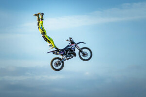 nuvole, FMX, freestyle, manovra, motocross, ciclista, cielo, Superman Double Seat Grab