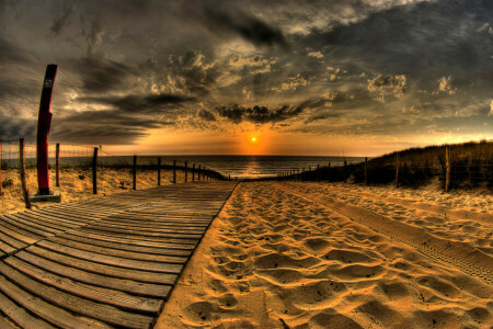 bulutlar, HDR, kum, deniz, gün batımı, çit, gökyüzü, Izlemek