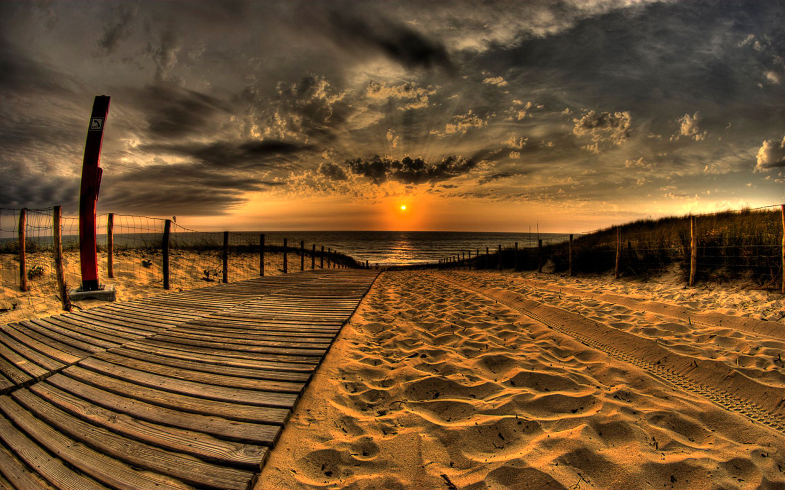 himmelen, solnedgång, hav, moln, sand, Spår, HDR, staketet