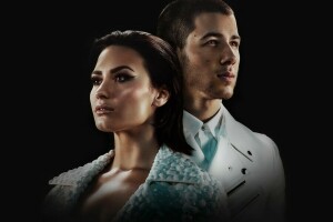 black background, celebrity, Demi Lovato, Nick Jonas, singers