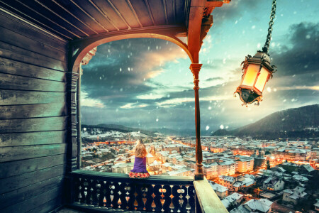 art, fille, lanterne, Photoshop, neige, la ville, le vent