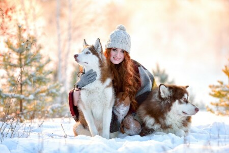 perros, niña, sombrero, fornido, Alegría, rojo, sonrisa, nieve