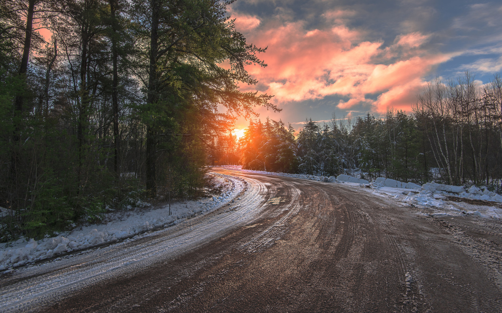 neve, natureza, inverno, estrada, árvores