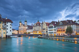 casa, lago, luci, erba medica, lungomare, Svizzera, il ponte, la sera