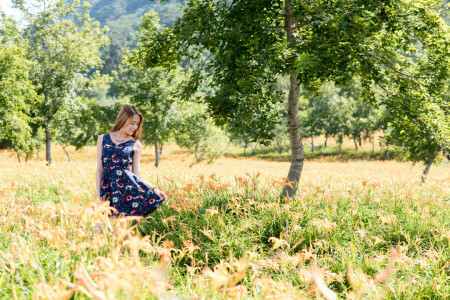 background, dress, face, hair, nature, summer, walk