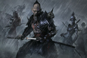 art, katana, Orc, rain, samurai, sword