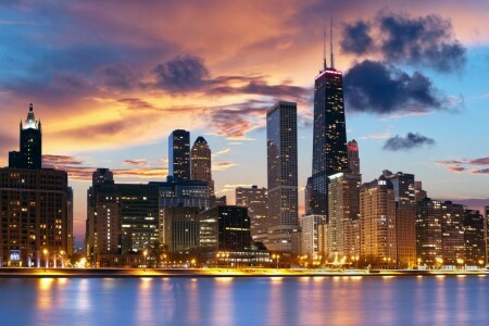 Chicago, Stadt, Wolke., Zuhause, Promenade, Fluss, Wolkenkratzer, der Abend