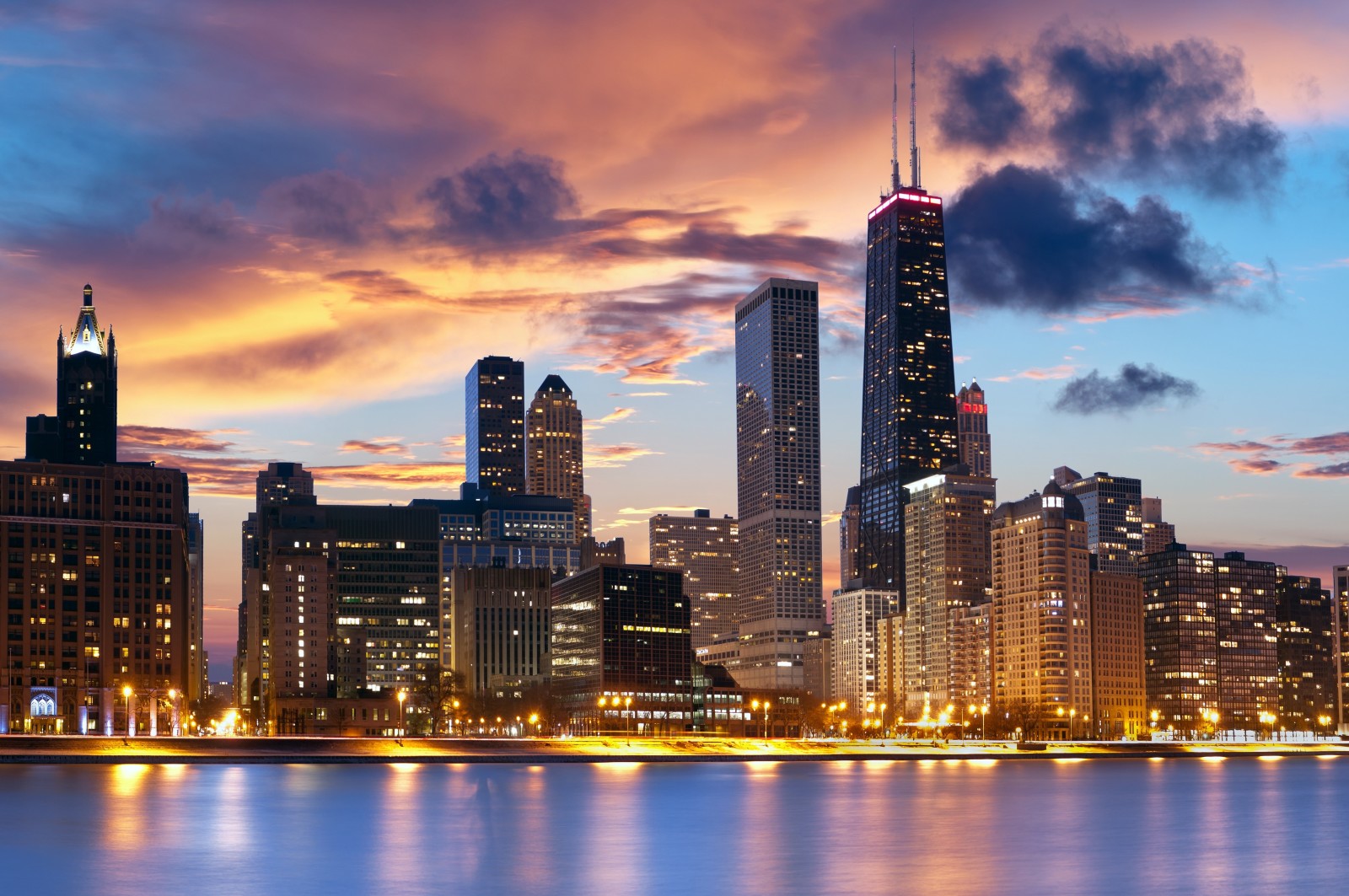 le soir, rivière, grattes ciels, Accueil, promenade, ville, Chicago, nuage.