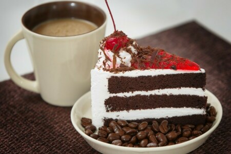 cake, Cherry, coffee, cream, Cup, piece