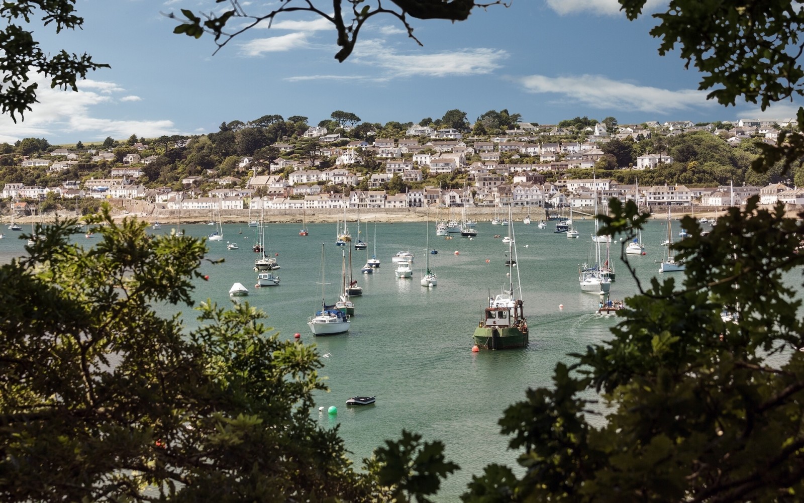 lystbåde, træer, England, panorama, både, Havn, Cornwall, RAID