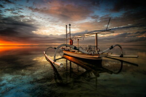 bateau, Aube, paysage, L'océan