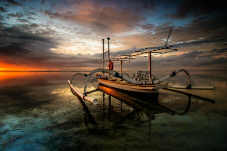 barco, amanecer, paisaje, El océano