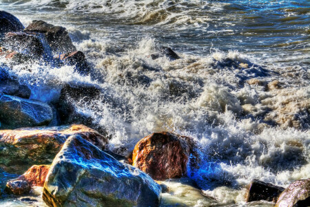 mar, chorro, piedras, navegar