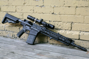 assault rifle, optics, wall, weapons