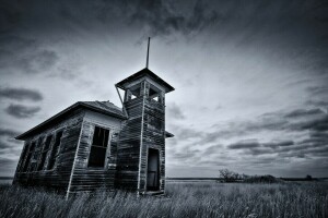 zwart en wit, veld-, huis, de lucht