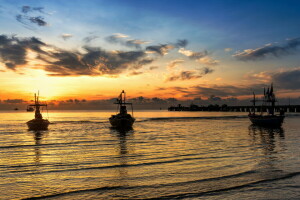 bateaux, paysage, mer, le coucher du soleil