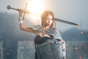 girl, shield, sword