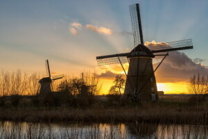 Mühle, Fluss, Sonnenuntergang