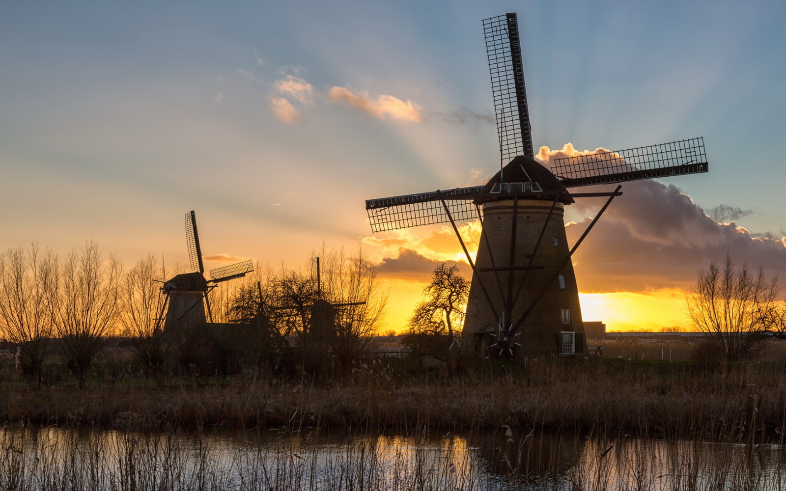 rivier-, zonsondergang, molen