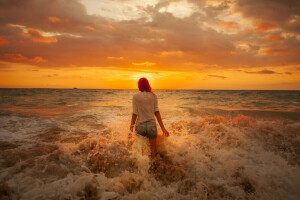 plage, des nuages, fille, horizon, mer, lever du soleil