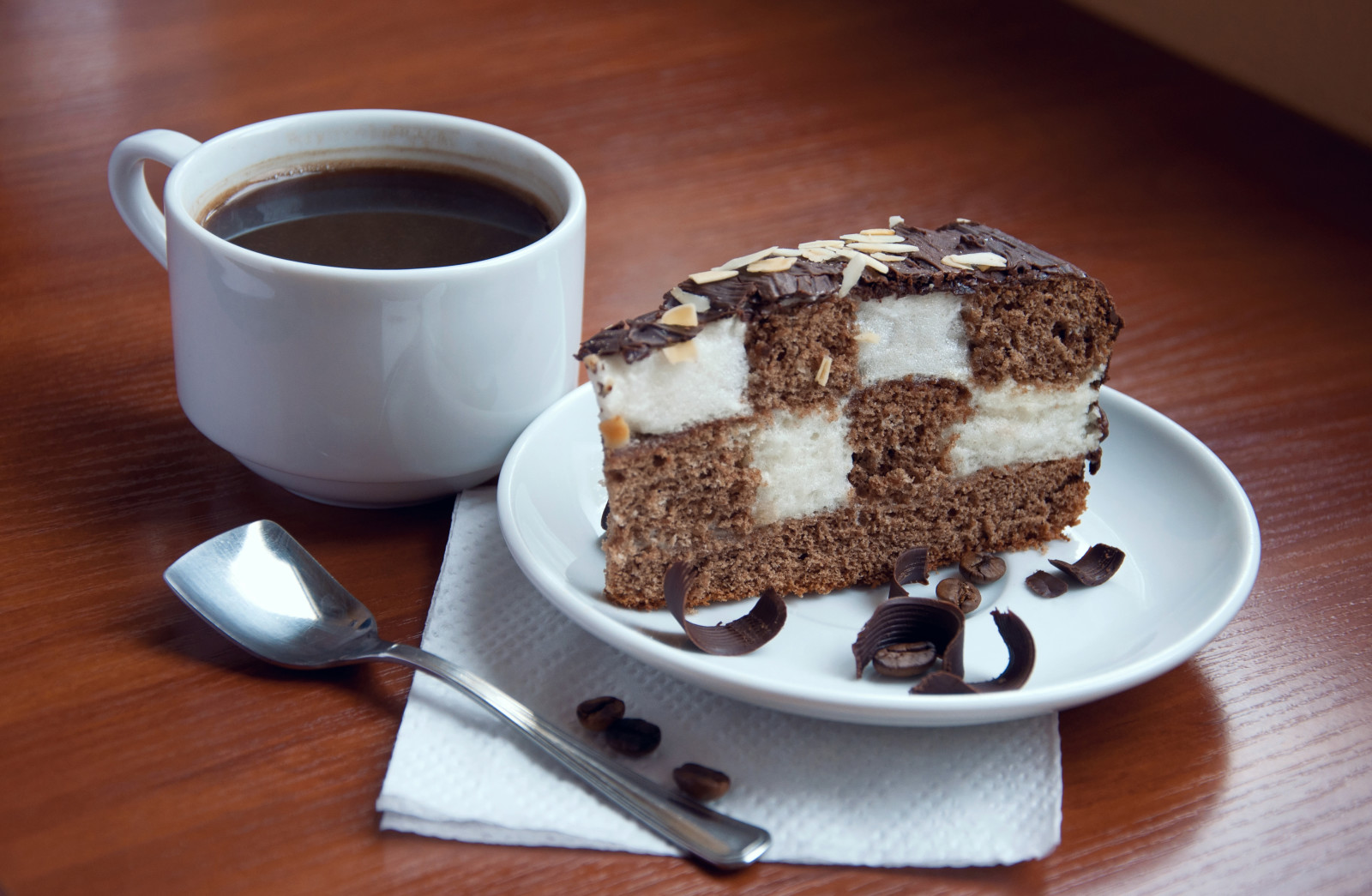 caffè, cioccolato, torta, chicchi di caffè