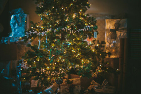 regalos, fiesta, juguetes, árbol