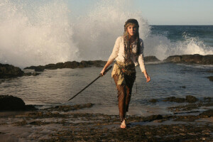 girl, pirate, sea, sword, wave, weapons