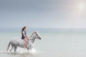 niña, caballo, mar