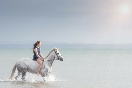 girl, horse, sea