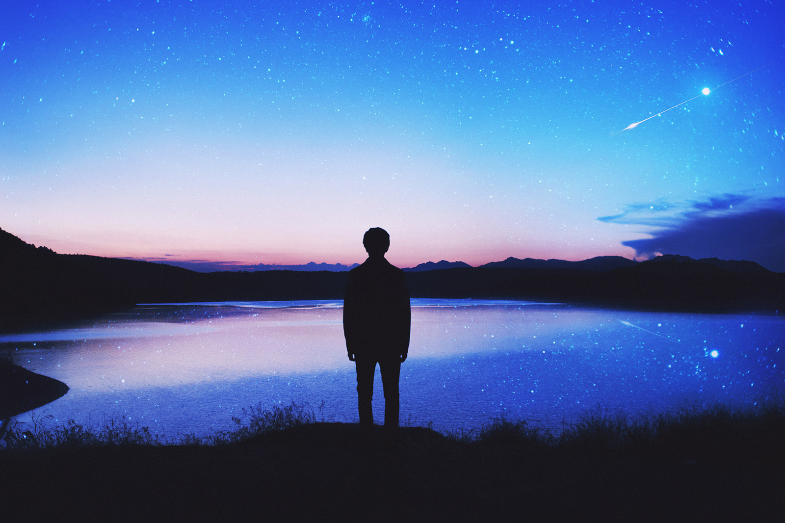 the sky, lake, reflection, clouds, twilight, male, stars, mirror