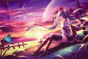 arte, FARFALLA, ragazza, Hatsune Miku, lago, Pianeta, seduta, tramonto