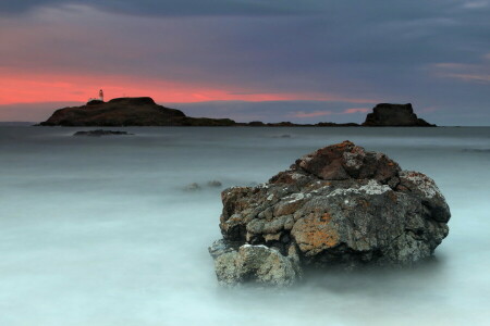 landskap, fyr, hav, solnedgang