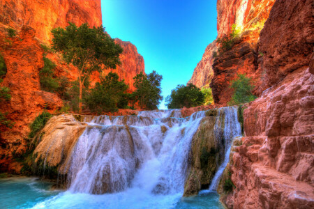 Arizona, Beaver Şelaleleri, kanyon, HDR, kayaçlar, çalılar, Amerika Birleşik Devletleri, şelale