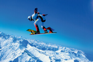 mountains, Parachute, parachuting, skydivers, skysurfing, snow, the sky, winter